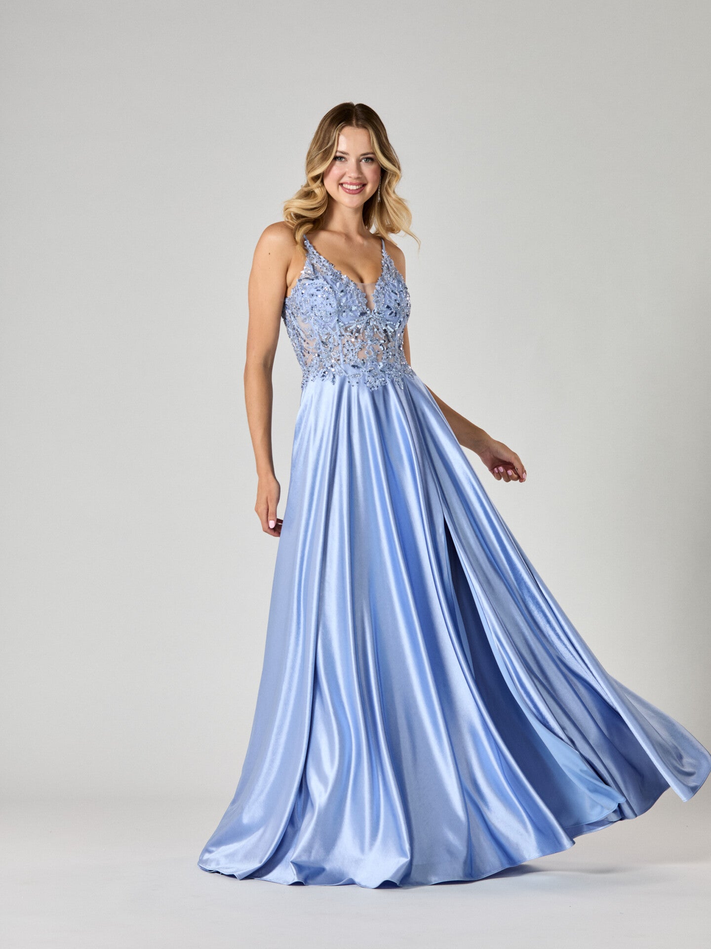jewels formals prom dresses Light Blue Chiffon V Neck Prom Dresses, Evening Dress PL405 main image 1